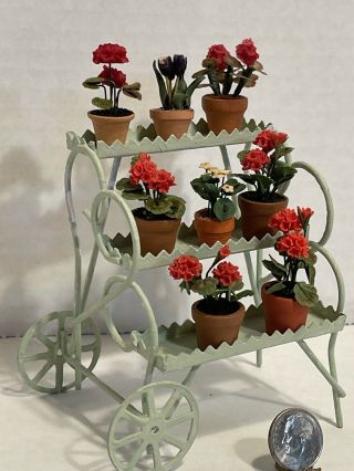VTG Artisan Flowers on French Metal Flower Cart Dollhouse Miniature 1:12 2