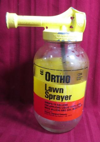 Ortho Lawn Sprayer Vintage Glass Jar & Yellow Metal Sprayer Nozzle Hayes Antique
