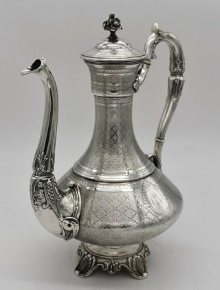 Large French 950 Sterling Silver Coffee Pot.  Lattice Engraving.  Fizaine C.  1870