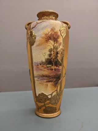 Antique Nippon Hand Painted Tapestry Porcelain Vase Embossed Gold Overlay Moraig