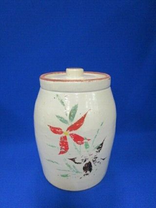 Vintage Glazed Stoneware Crock Cookie Jar With Lid Hand Painted Flowers