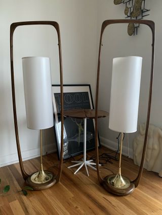 Pair Mid Century Modern Modeline Walnut Floor Lamps Danish 43”x13”