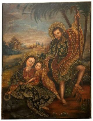 Antique Spanish Colonial Cuzco School Holy Family Religious Oil Canvas Painting
