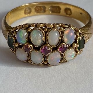 Antique Art Deco Natural Opal Emerald Ruby 18ct Yellow Gold Ring 1917