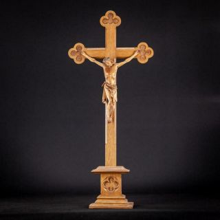 Altar Crucifix | Standing Wooden Cross | Wood Carved Corpus Christi Antique 30 "
