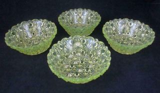Antique Set Of 4 Eapg Canary Vaseline Glass Daisy & Button Pattern Berry Bowls