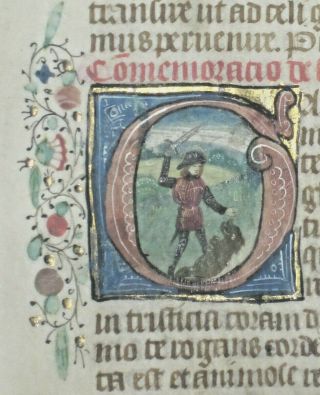 Medieval Illuminated Boh Lf.  Small Miniature Of St George Fighting Dragonc.  1450