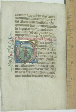 Medieval illuminated BoH lf.  small miniature of St George fighting dragonc.  1450 2