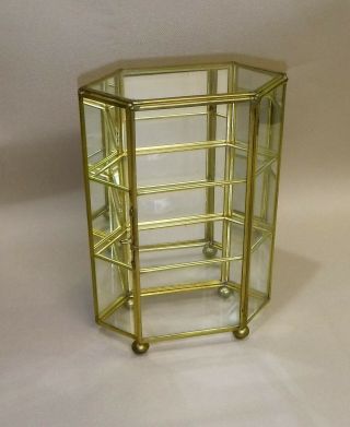 Vintage Brass & Glass Tabletop Display Case Hexagon Mirrored Display Cabinet