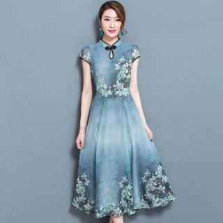 Womens Short Dresses Sexy Cap Sleeve Chinese Cheongsam Vintage Chiffon Printing