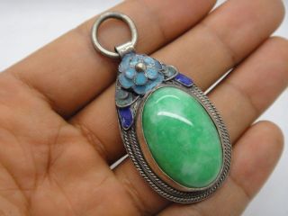 China Tibet - Silver Inlay Natural Green Jade Enamel Cloisonne Blue Flower Pendant