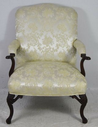 Mahogany Chippendale Style Open Arm Chair Ivory Silk Damask Upholstery