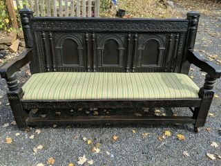 Antique English Gothic Style Carved Oak Monks Bench / Hall Bench / Table