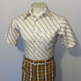 Vtg 50s 60s Kmart Chess Shirt Polyester Disco Mid Century Big Collar Mens Medium