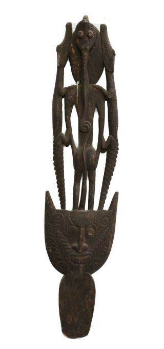 Sepik Papua Guinea Large Carved Hook Figure,  Female,  With Serpent,  Crocodile