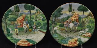 Antique Cantagalli Hand Painted Huntsmen Italian Majolica Cabinet Plates