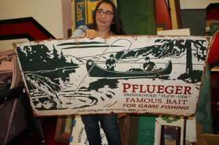 Large Vintage Pflueger Fishing Lures Bait Rod Reel Boat Gas Oil 48 " Metal Sign