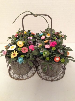 Vtg Button Bouquet/wire Basket Of 4 - Country - Farmhouse - Shabby Chic - Garden Decor
