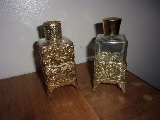 2 Vintage Perfume Bottles Glass Gold Filligree Footed
