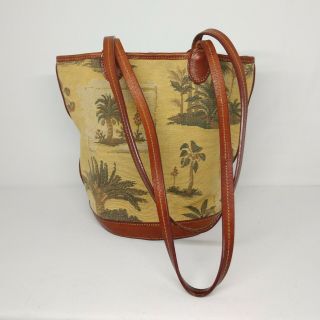 Vintage Tommy Bahama Palm Tree Leather Trim Tapestry Tote Round Beach Bag Purse