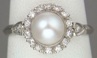 Lovely Antique Art Deco 14k White Gold Diamond Pearl Floral Hearts Ring Size 6.  5