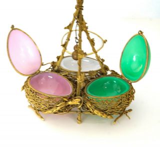 French Palais Royal Opaline Glass Ormolu Brass Trio Egg Nest Jewelry Casket Box