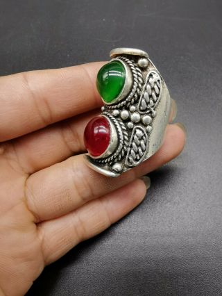 Chinese Old Tibetan Silver Inlaid Jade Ring