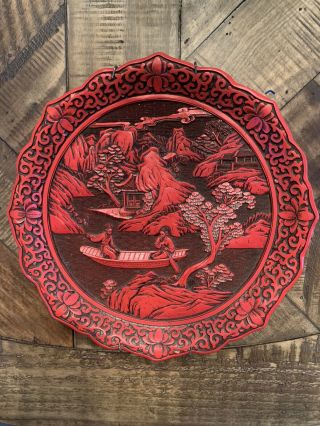 Antique Oriental Hand Carved Lacquer Red Cinnabar Plate,  Htf