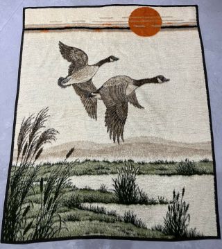 Vtg Biederlack Throw Blanket Canadian Geese Sun Pond Hunting Cabin Reversible