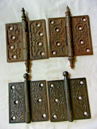 Vintage Victorian Eastlake Steeple Tip Door Hinges Cast Iron 4 " X 4 X " X2 " Ornate
