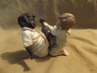 Funny Antique 19th C Porcelain Bisque Figurine 2 Boys Fighting Over Chamberpot