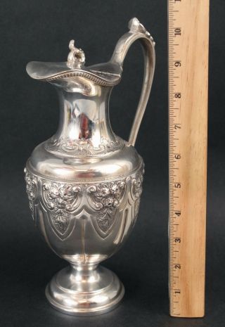 Large Antique 19thc American Coin Silver Repouss Covered Syrup Pitcher,  Nr