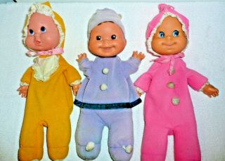 3 Vintage 1970s Mattel Baby Beans Dolls Pink,  Yellow Crybaby,  Blue Puppet