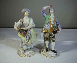 Pair Antique Meissen Porcelain Figurines Man & Woman Flowers Vtg Crossed Swords
