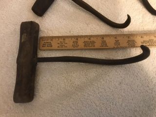 3 - Vintage Antique HAY BALE HOOK Meat Ice Grapple hooks - cast iron wood rustic 2