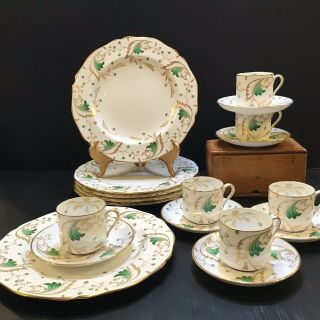 Copeland Spode Grosvenor Emerald Gold Gilt Florals Demitasse Cups Dessert Plate