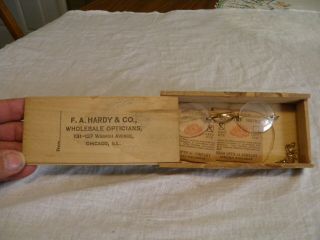 Antique F.  A.  Hardy & Co.  Opticians Eyeglasses Wooden Box With Glasses And Lenses
