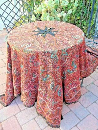 Antique C1800s Hand Embroidery Paisley Kashmir Tablecloth Shawl 66x68