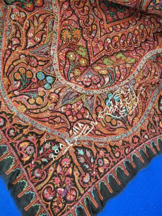 ANTIQUE C1800S Hand Embroidery PAISLEY KASHMIR Tablecloth Shawl 66x68 3