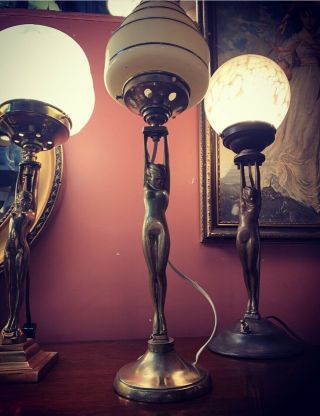 French Art Deco Gold Diana Lamp With Empire Skyscraper Glass Shade