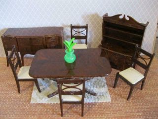 Renwal 1950s Vintage Dollhouse Furniture Dining Table Chair Buffet Sideboard Set