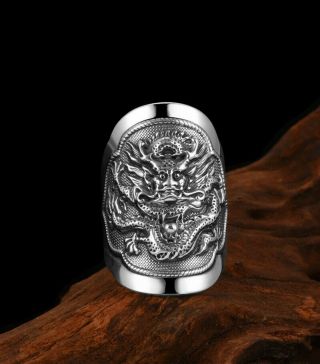 Old Chinese Tibet Silver Handcarved Dragon Adjustable Ring