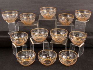 12 Antique Harrach Moser Art Nouveau Intaglio Cut Carved Gold Gilt Dessert Bowls