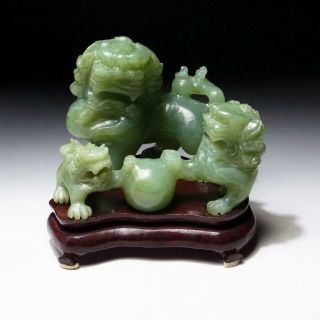 @wo49 Vintage Chinese Green Stone Figurine With Wooden Stand,  Fu Lion,  Jade