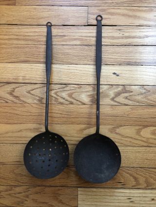 Early American Brass And Wrought Iron Skimmer / Ladle Set Of (2)