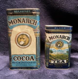 2 Antique 1920’s Monarch Cocoa & Tea Tins By Reid Murdoch & Co.  Chicago,  Ill.