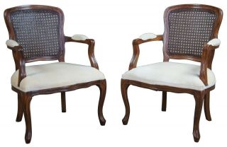 2 Antique French Provincial Walnut Cane Back Parlor Arm Chairs Fauteuil Pair