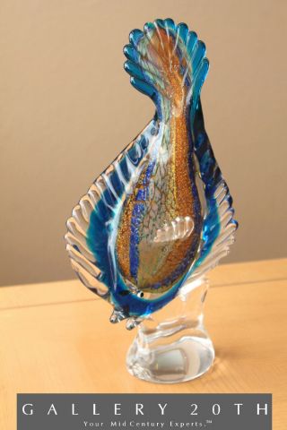 Mid Century Modern Blue Glass Fish Sculpture Vtg Murano Venetian Art 50 