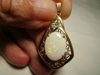 Antique 14k Gold White Fire Opal Diamonds 1 5/8 " Pendant Estate
