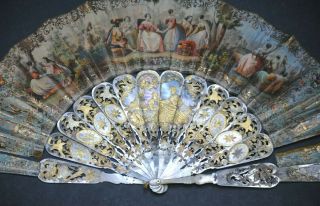 Fine Antique Victorian French Carved Gold Gilt Mother Of Pearl Figural Scene Fan